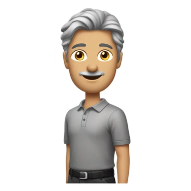 een man met grijs haar en grijze stoppeltjes, met een lange grijze broek, zwarte laarzen en een lange mouwen polo in de kleur zwart sticker