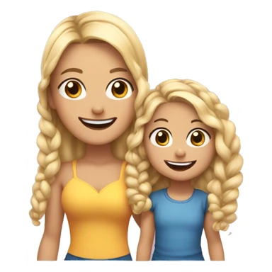 An emoji of a blonde mother with very long hair and a cheerful expression, standing next to her 3-year-old daughter, a small girl with black hair styled in two braids, both smiling happily together sticker