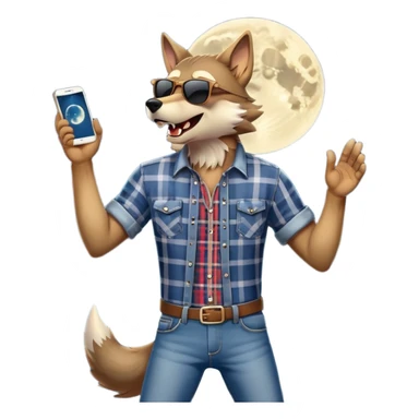 friendly anthropomorphised wolf in jeans and plaid shirt, wearing dark sunglasses, howling with the moon in the background, dynamic pose sticker