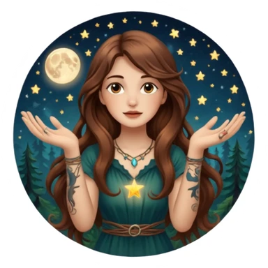 forest mystic woman long wavy brown hair tattoos catching falling moon spark in hands sticker