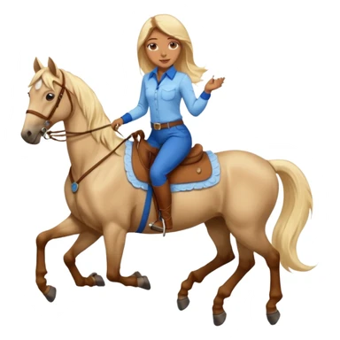 Brown girl with very long blonde hair wearing a cream colored; collared long sleeve shirt and blue riding pants with brown boots on top of a brown horse with 4 legs sticker