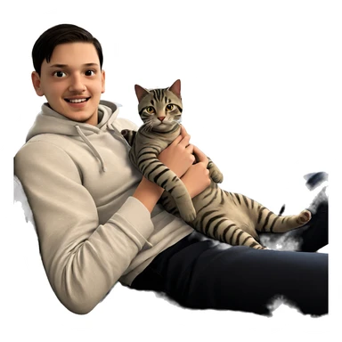 smiling boy holding cat sticker
