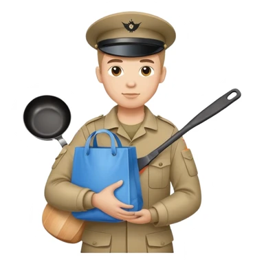 soldier holding a puffy blue grocery bag and a frying pan sticker