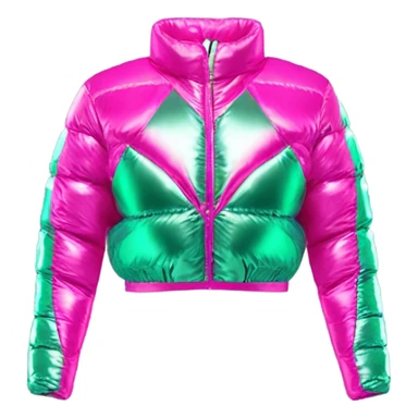 Realistic isolated side view of an open metallic hot pink cropped puffer jacket and metallic mint green sports bra underneath the jacket. sticker