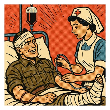 A world war one British soldier in an army hospital bed.  The soldier has a bandage around his head, with a splint on one of his legs.  He is also being given a blood transfusion from an army hospital nurse. sticker