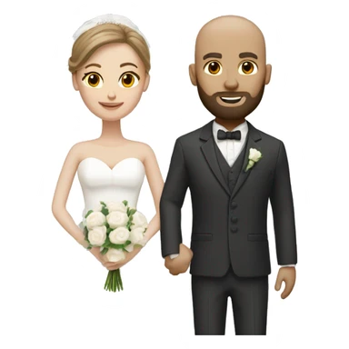 bride with light brown hair and bald dark bearded groom with white suit sticker