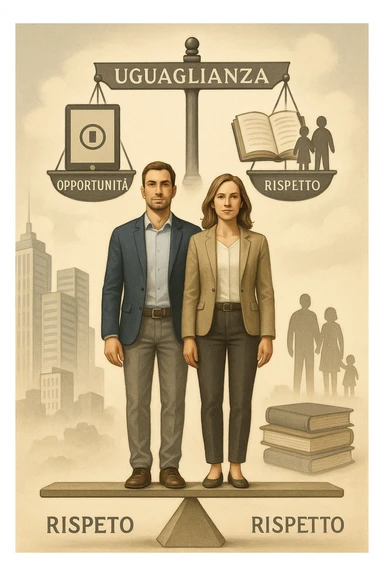 Un uomo e una donna, entrambi tra i 30 e i 40 anni, in piedi fianco a fianco su un piedistallo unico che rappresenta l’equilibrio. Indossano abiti moderni da lavoro o casual, con sguardi determinati e sereni. Sullo sfondo, simboli di società moderna: grattacieli, tecnologia, libri, famiglia. Sopra di loro, una bilancia perfettamente equilibrata con i simboli 'uguaglianza', 'opportunità', 'rispetto'. La scena è armoniosa, luminosa, con colori neutri e un tono positivo. Stile realistico con accenti simbolici in italiano sticker