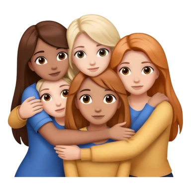 six girls, group hug, matching the described hair, eye, and skin colors sticker