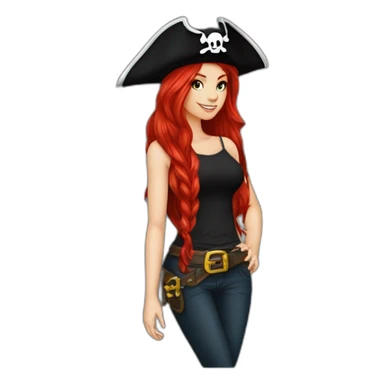 Woman long red hair on one side, tattoo on side of head.  pirate hat. skull and crossbones t shirt sticker