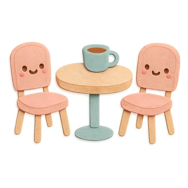 kawaii coffee shop table and chairs set, soft pastel hand-drawn illustration sticker