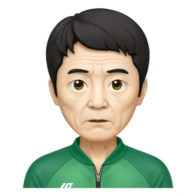Seong Gi-hun : age 70, skinny and bony face, very small mouth, thick eyebrows deep eyes, unkempt black hair , Green player tracksuit. sticker