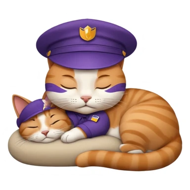emoji of sleeping cat, its pose is lying, it has on his head FedEx uniform cap sticker