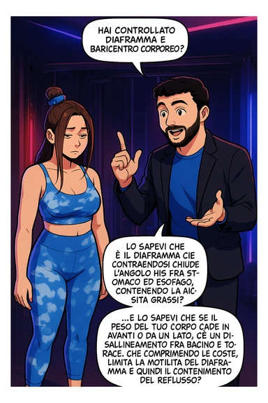 TRASFORMA QUESTO CAROSELLO IN UN FUMETTO STILE WEBTOON/MANGA A COLORI CON QUESTE DUE PERSONE IDENTICHE CHE INTERLOQUISCONO TRA LORO, L'uomo sta spiegando alla donna questo concetto:

LUI (UOMO): Hai controllato diaframma e baricentro corporeo?
LUI (UOMO): Lo sapevi che è il diaframma che contraendosi chiude l’angolo his fra stomaco ed esofago, contenendo la risalita degli acidi grassi?
LUI (UOMO): …e lo sapevi che se il peso del tuo corpo cade in avanti o da un lato, c’è un disallineamento fra bacino e torace, che comprimendo le coste, limita la motilità del diaframma e quindi il contenimento del reflusso? sticker