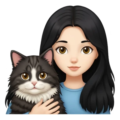 Long black hair girl holding a haired tabby cat sticker