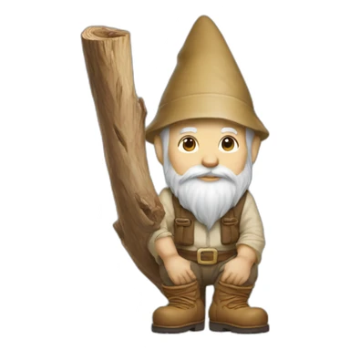side view of gnome with light tan pants and light tan boots squatting with small log behind him sticker