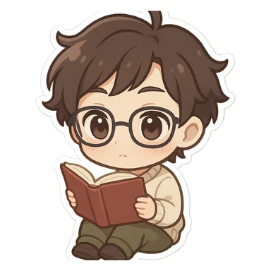chibi anime character with glasses and a book, studious and cute sticker