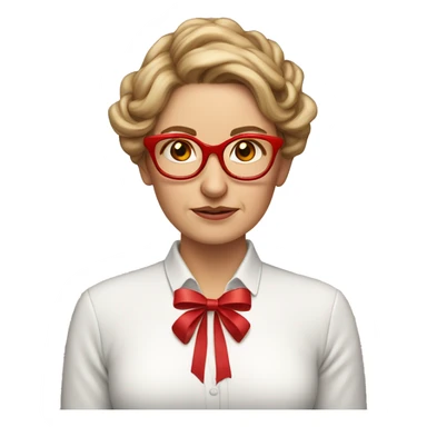 middle aged woman with light  brown hair learning how to tie a Christmas bow for the first timehair and.   red glasses crying sticker