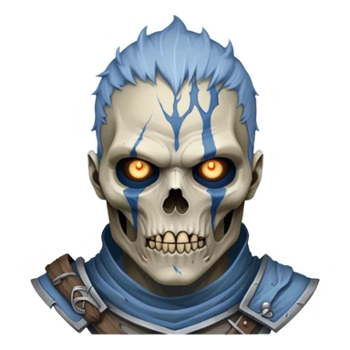 Cinematic Realistic WoW Undead Warrior Portrait, depicted with decayed yet noble features, his weathered, pallid skin etched with ghostly blue veins and ancient scars. Clad in modest, tattered attire in muted browns and greys that remain consistently rugged, his hollow eyes burn with determined defiance. Rendered with lifelike texture and dramatic natural lighting, high shine, noble and resilient, capturing the stoic spirit of an undead veteran of Azeroth. sticker