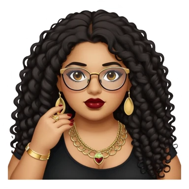 teen big plus size, latina, darker tan skin, gold jewelry, long black curly hair, baddie,pretty, makeup, dark red lipgloss, black eyeliner, long hair, black top, black glasses sticker