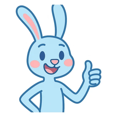 A skinny blue pastel bunny giving a thumbs up, cute, smiling, friendly, with no background. Remove the background to isolate the subject. sticker