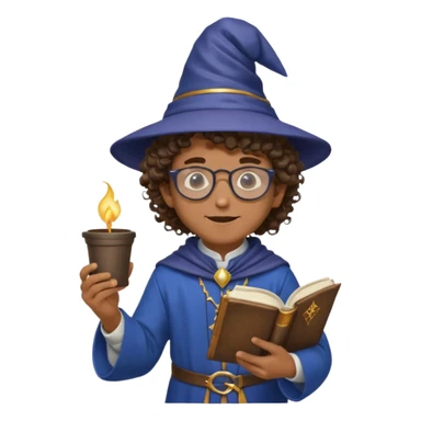 A Joyful Child Male with Brown skin and Curly hair, wearing a Traditional outfit, a Wizard hat, Sunglasses, carrying a Spellbook, working as a farmer, while drinking Coffee and reading a Textbook. sticker