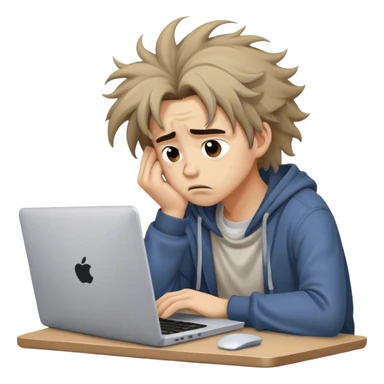Create an emoji of a tired person sitting at a laptop, looking exhausted and frustrated. They have slouched posture and messy hair, representing overwork and burnout. sticker