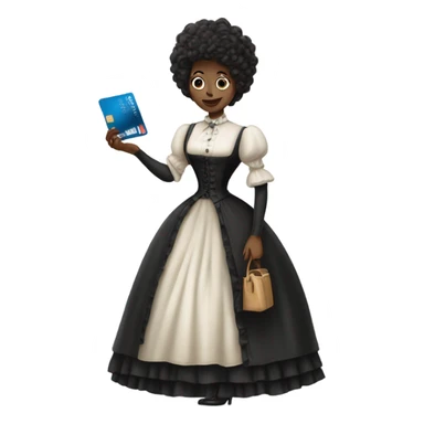 galora waitress in Victorian dress elegant, full body, holding big credit card sticker
