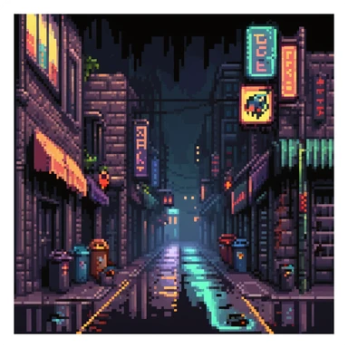 Pixel art background, side view of a dark Gotham-style street at night, moody lighting, flickering neon signs, trash bins, wet pavement, shadows in windows, 2D fighting game stage style, straight camera angle, vertical layout, 9:16 aspect ratio, suitable for mobile game
 sticker