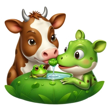 A drunk cow kissing a frog sticker