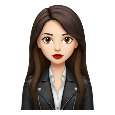brunette with very long hair in black cuir jacket with red lips and very dark brown eyes and white shirt sticker