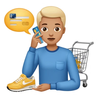 Emoji-style illustration of a person holding a credit card, hand on chin thinking. A thought bubble above the head showing clothes, sneakers, and a shopping cart, representing deciding whether to spend money. Clean, modern emoji style, bright colors, white or transparent background. sticker