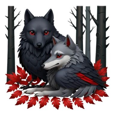 A raven and a wolf curled together with Weirwood leaves beneath them  sticker