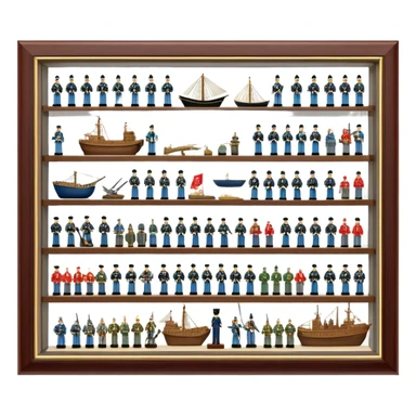 Icon for Miniature Collecting: a collection of finely detailed miniature items such as tiny colorful army of soldiers, ships and accessories, neatly displayed on a shelf or in a display case. The icon should convey the intricacy and charm of collecting miniature objects. Transparent background. sticker