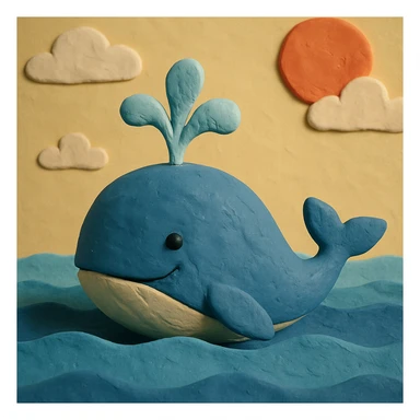 a blue whale with a water spout, claymation style sticker