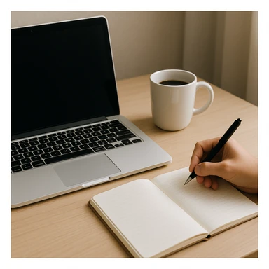 A MacBook laptop, a coffee mug, and a hand writing in a notebook, all together in a cozy workspace scene, clean and modern style. sticker