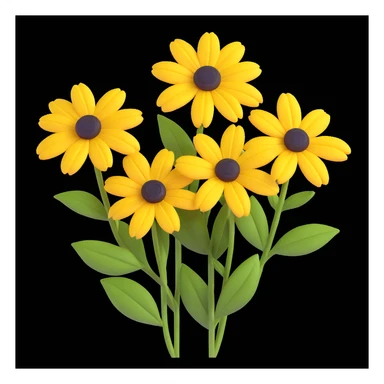 three yellow rudbeckia flowers with green leaves, 3D iOS style, emphasis on volume and depth, white background sticker