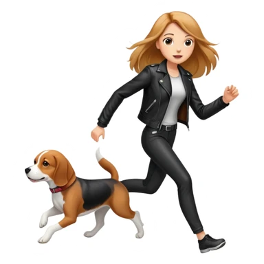 A beautiful tall girl with fair skin and long hair wearing a black leather jacket and black pants running with Beagle sticker