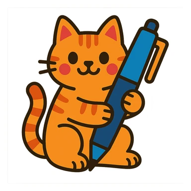 a cat holding a pen, fun and clear style, vibrant toon style sticker