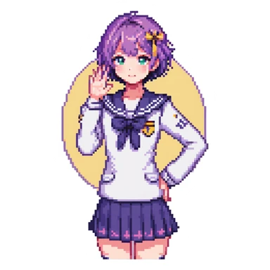 Pixel art anime schoolgirl with short bright purple hair in Japanese sailor uniform, standing with one hand on hip trying to look brave but shyly waving with pink blush across face sticker