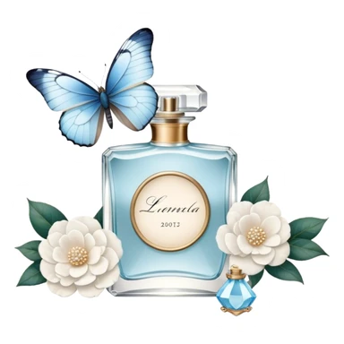 A nostalgic composition of an antique perfume bottle with a crystal stopper, an old love letter, and a single pale blue butterfly resting atop a white camellia.
 sticker