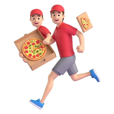 a man running with a pizza box in his hands, smiling, 3D cartoon style, exaggerated features sticker