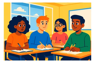 four diverse students sitting attentively following a course, studious atmosphere, modern illustration style, bright classroom background with windows sticker