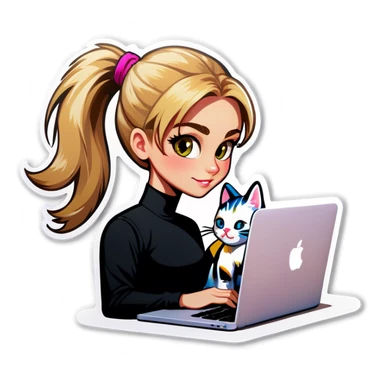 Blonde girl ponytail macBook and a cat sticker
