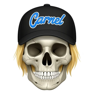Create a skeleton head wearing a black baseball cap that says " Carnel " in blue, and white lettering, with blonde hair sticker