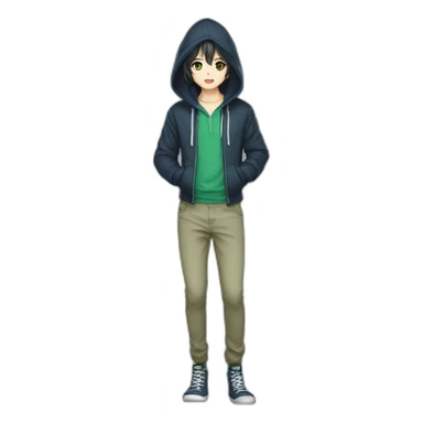 Joven estilo anime con capucha azul, ojos verdes, pantalones negros, cabello cafe  sticker