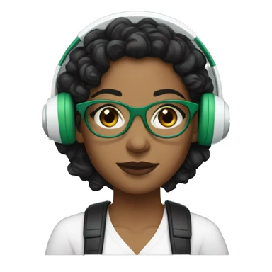 a woman with light brown skin, black eyes and black short curly black hear, wearing white headphones and glasses with a green frame, small freckles sticker