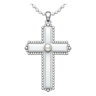 Elegant emoji icon of a white cross made of white beads, glossy surface, and white bead chain subtle shadows, pure white palette sticker