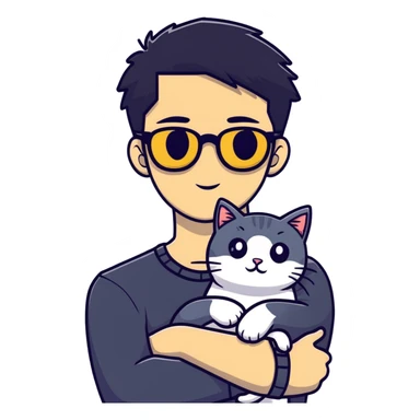 A young man with a long face and warm yellow-toned skin, black hair, wearing a pair of black glasses, cradling a grayish-white cat sticker