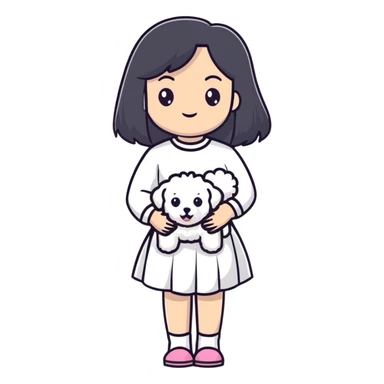 A beautiful girl with long straight black hair wearing a white skirt holding a small white Bichon Frise sticker