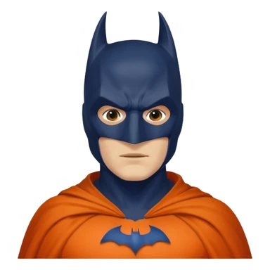 generate a batman emoji with just the face and neck showing and part of the cloak and and wings. Shade the mask in dark navy blue.  Shade the cloak in a solid vibrant orange. Shade the bat logo in a bright  olive green. sticker